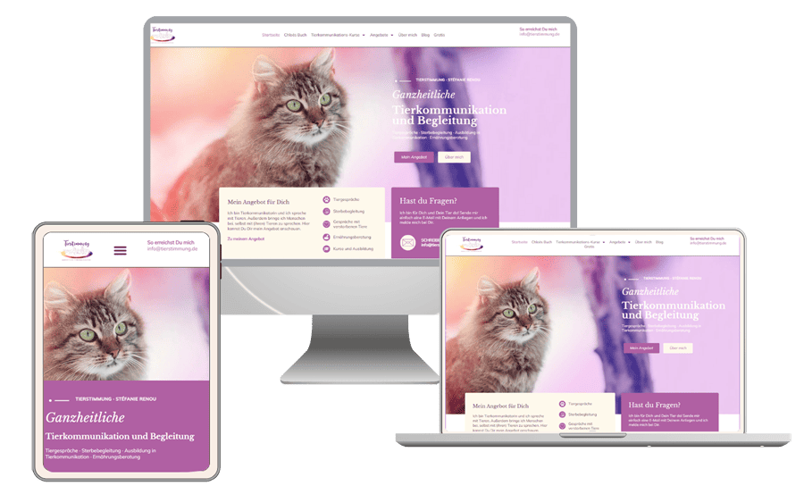 Die Website von Stéfanie Renou, tierstimmugn.de, wird auf PC, Tablet und Handy angezeigt.