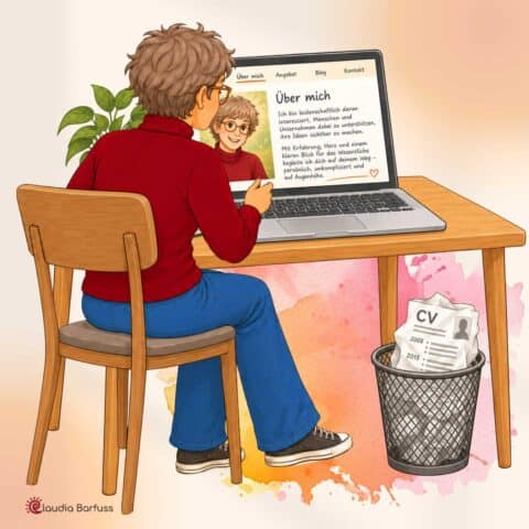 Ein Schreibtisch mit einem Laptop auf dem eine Über mich Seite zu sehen ist. Daneben ein Papierkorb mit eine weggeworfenen Lebenslauf.