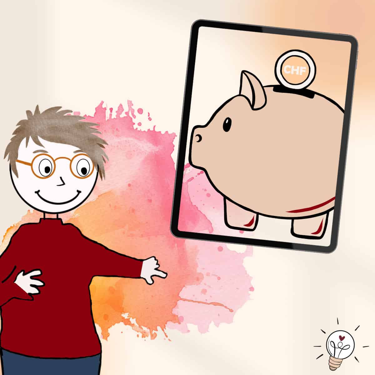 Comicmännchen zeigt auf ein Tablet mit einem Sparschwein.