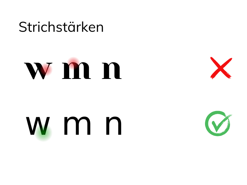 Buchstaben mit verschiedenen Strichstärken sind abgebildet. Einmal in einer nicht barrierefreien Schrift, einmal in einer barrierefreien Schrift.