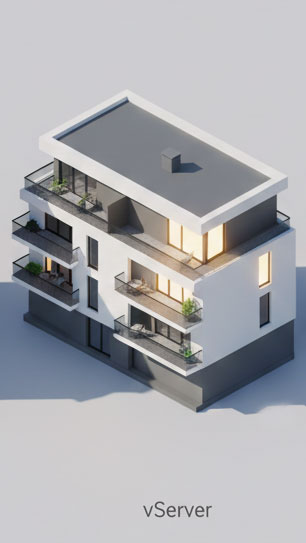 Illustration eines modernen Mehrfamilienhauses mit Balkonen als Metapher für einen vServer.