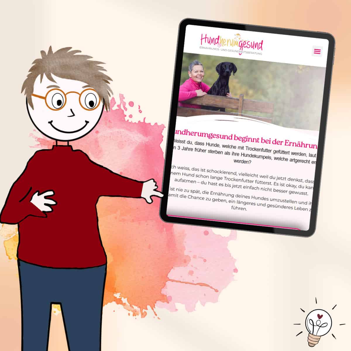 Comicmännchen zeigt auf ein Tablet auf dem die Website von hundherumgesund.ch abgebildet ist.