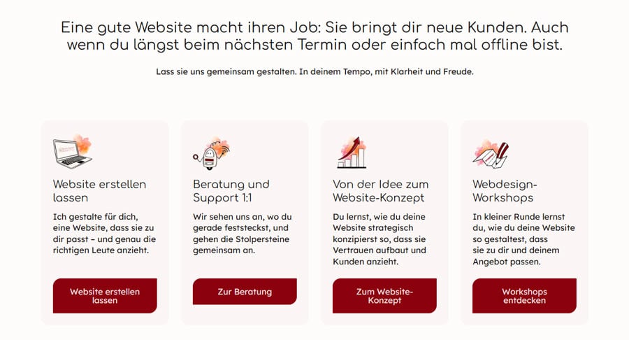 Vier Angebotskarten einer Website nebeneinander – mit Icons, Titeln, kurzen Beschreibungen und roten Buttons. Beispiel für übersichtliches Webdesign mit klarer Struktur und Kundenfokus