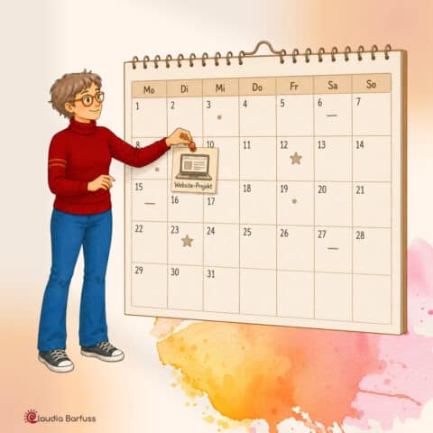 Illustration: Eine Frau im roten Pullover pinnt eine Notiz mit der Aufschrift Website-Projekt an einen grossen Wandkalender. Der Hintergrund zeigt zarte Aquarellfarben in Rosa und Orange.