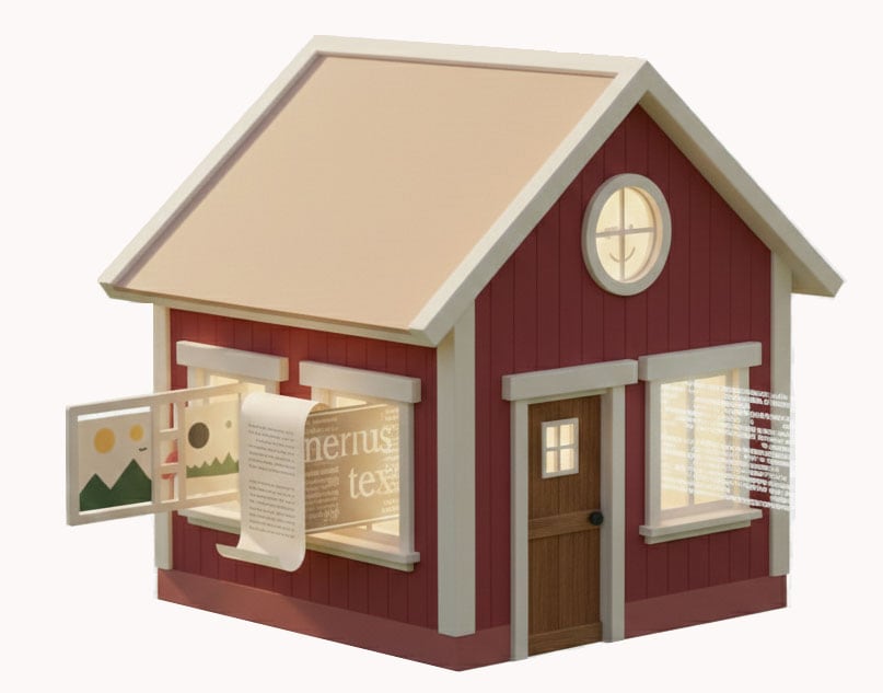 Ein rotes Schwedenhaus als Symbol für ein digitales Zuhause, aus dessen Fenstern Bilder, Texte und Programmcode freundlich hervorschauen.