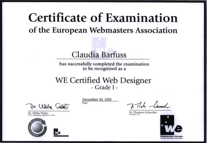 Zertifikat der Webmaster-Akademie in Deutschland von 2001.
