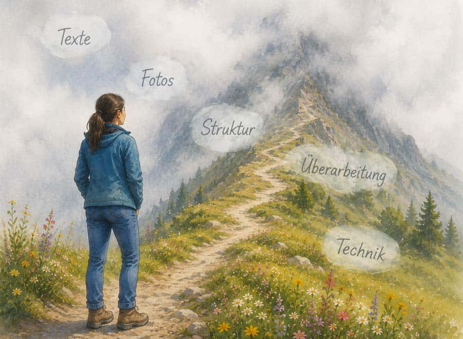 Illustration: Eine Frau steht auf einem Wanderweg und blickt auf einen Berg, dessen Gipfel in Wolken gehüllt ist. In den Wolken stehen die Begriffe Texte, Fotos, Struktur, Überarbeitung und Technik.