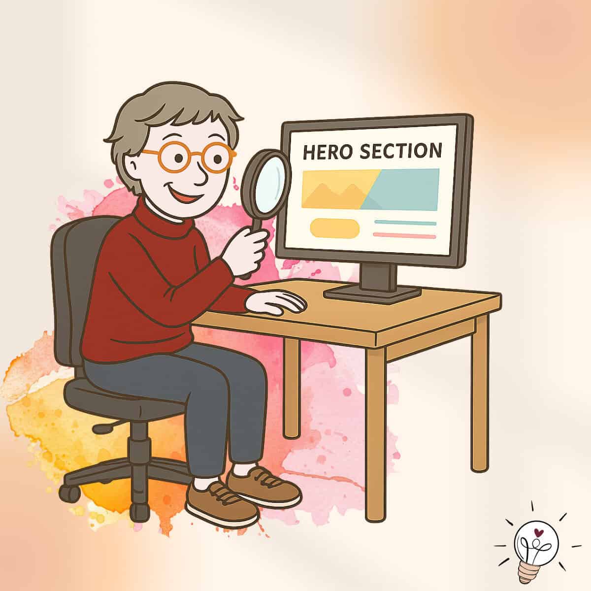 Gezeichnete Comicfigur die auf einem Bürostuhl sitzt und mit einer Lupe eine Website checkt.