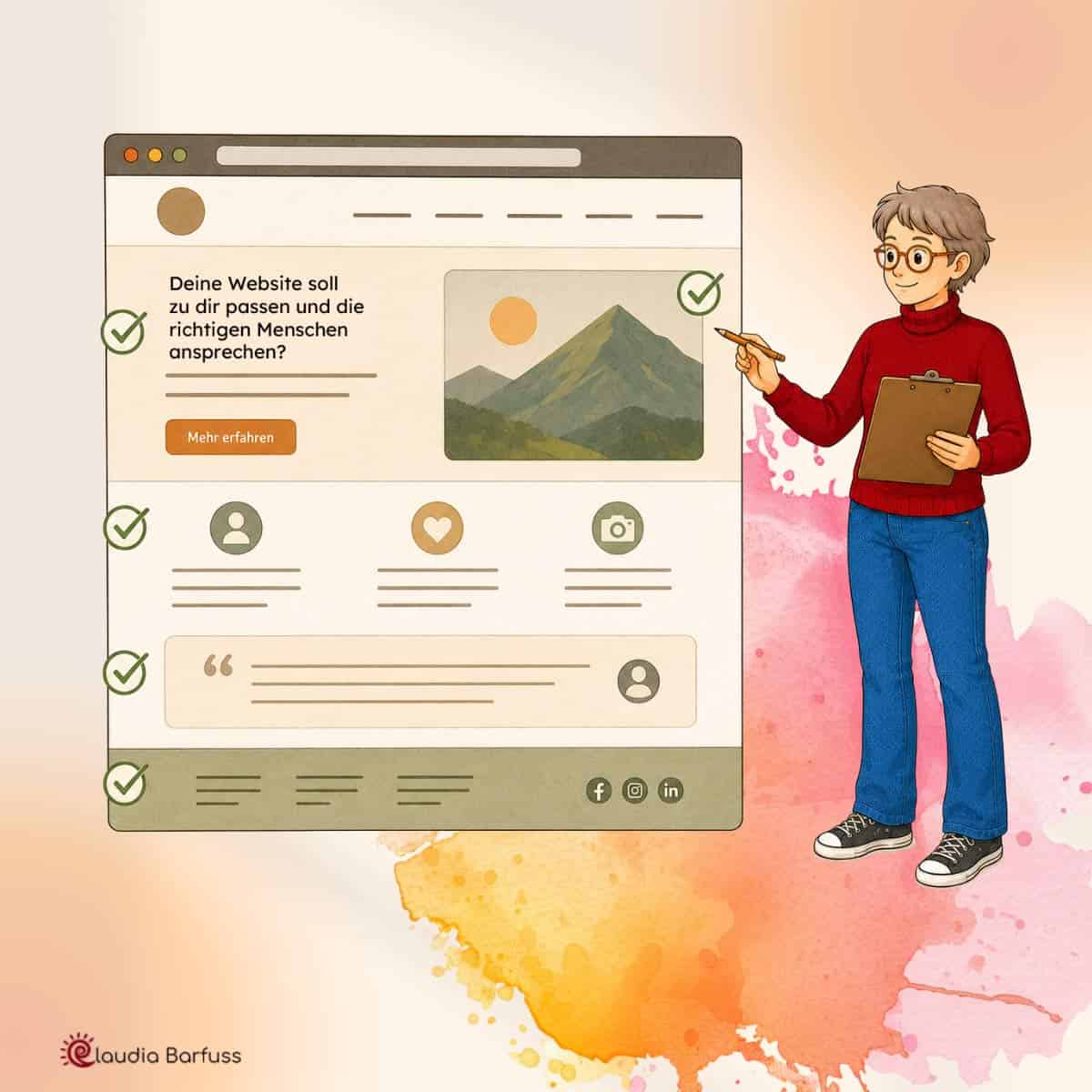 Illustration: Eine Frau im roten Pullover hakt an einer grossen Website verschiedene Punkte ab. Der Hintergrund zeigt zarte Aquarellfarben in Rosa und Orange.