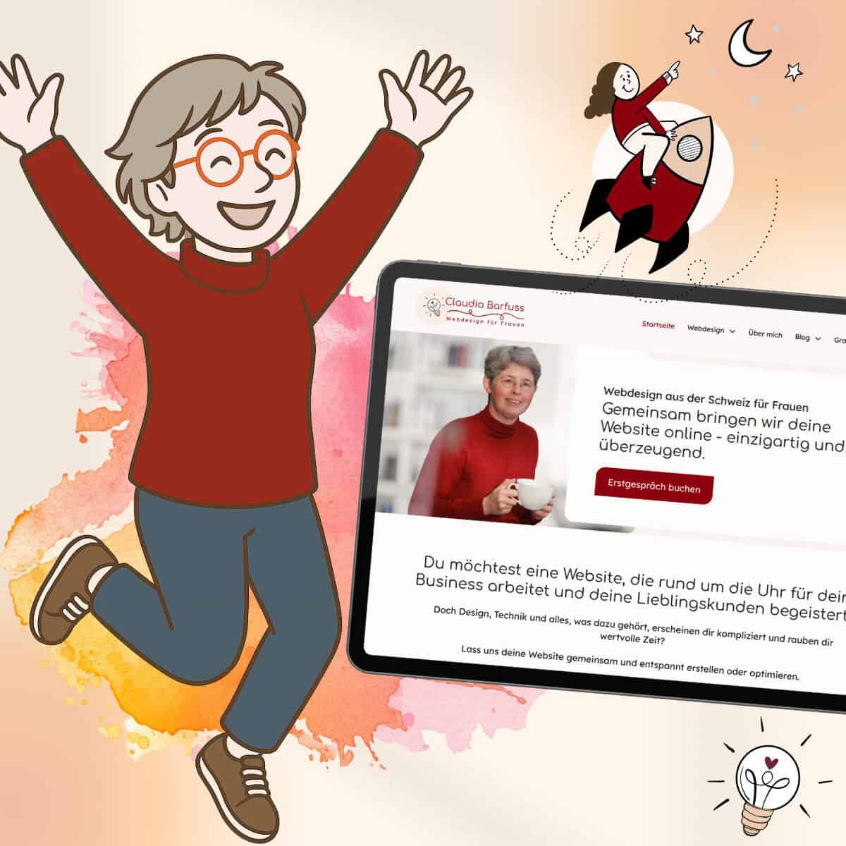 Gezeichnete Comicfigur die die vor Freude hüpft und ein Tablet auf dem die neue Website von Claudia Barfuss zu sehen ist.