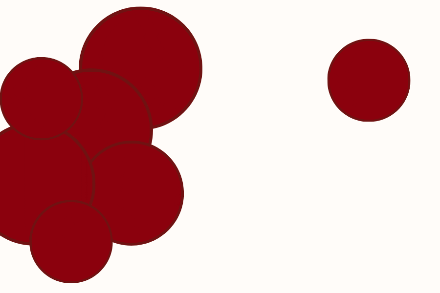 Zwei Darstellungen roter Kreise: links viele eng beieinander, rechts ein einzelner mit Abstand – als Beispiel für Unruhe versus Klarheit durch Weissraum im Webdesign.