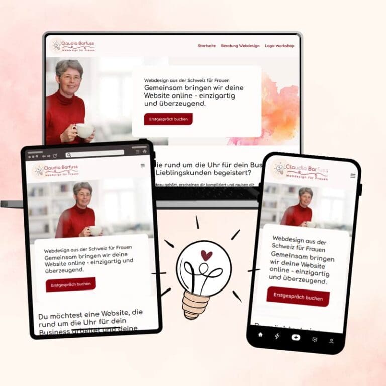 PC, Handy, Tablet, eine Glühbirne auf denen der obere Teil einer Startseite zu sehen ist.