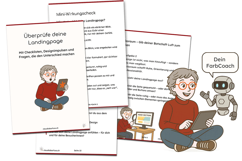 4 Blätter aus einem Arbeitsbuch und eine kleine Comicfigur mit Tablet, sowie ein Roboter, der eine Sprechblase hat: Dein FarbCoach.